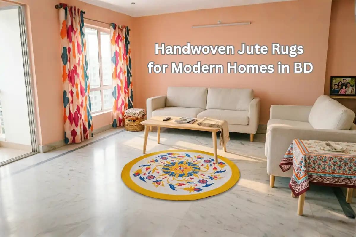 Handwoven jute rug in a Bangladesh home living room setting.