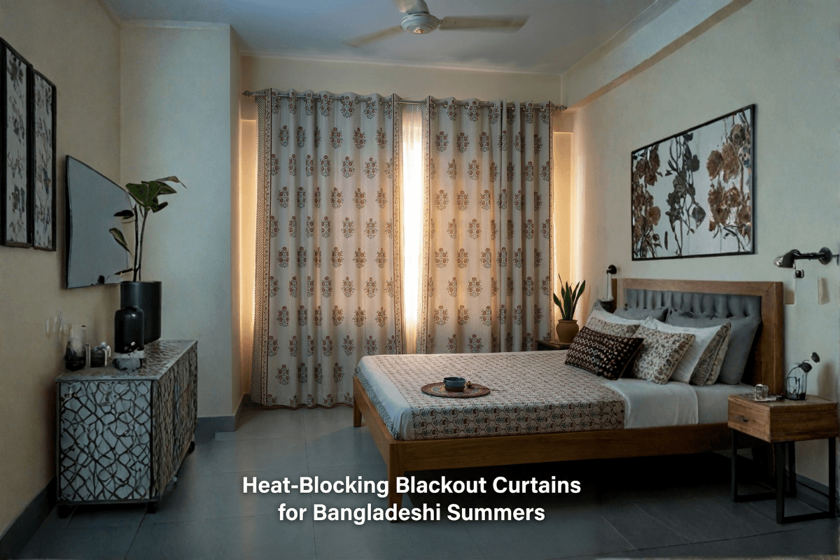 Heat-blocking blackout curtains in a Dhaka bedroom stopping summer sun.